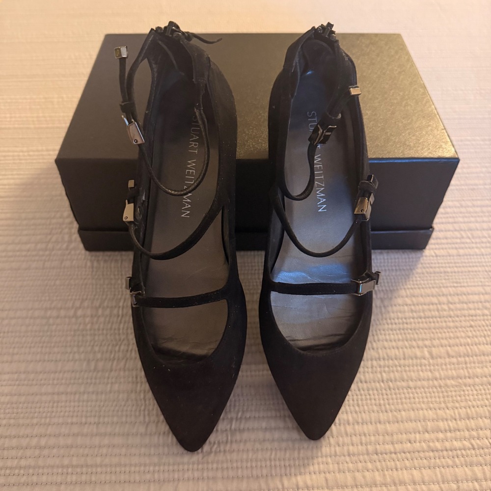 Stuart Weitzman Women's Black Suede Multi Strap Mary Jane Pointed Toe Flats 6.5M